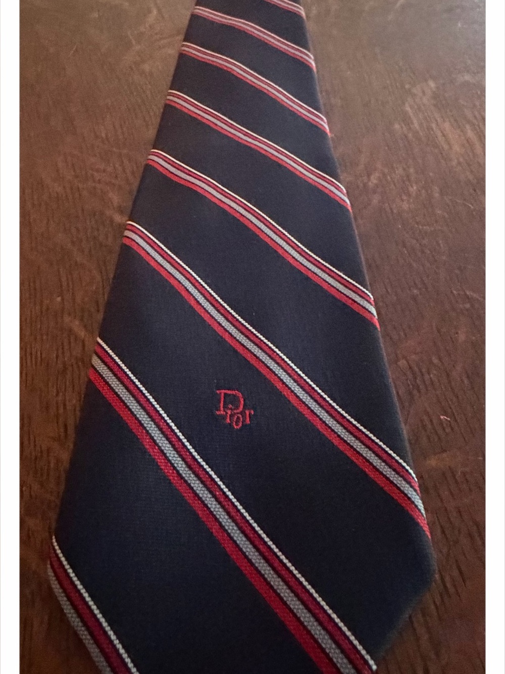 Dior Navy Silk Tie with Red & Silver Stripes